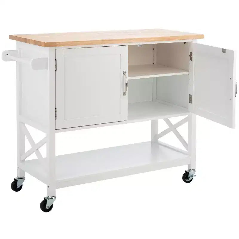 Carrello da cucina con 2 ante e 1 ripiano – Bianco e piano in legno naturale