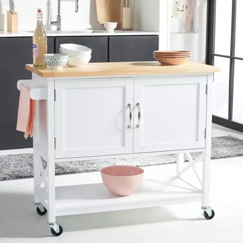 Carrello da cucina con 2 ante e 1 ripiano – Bianco e piano in legno naturale
