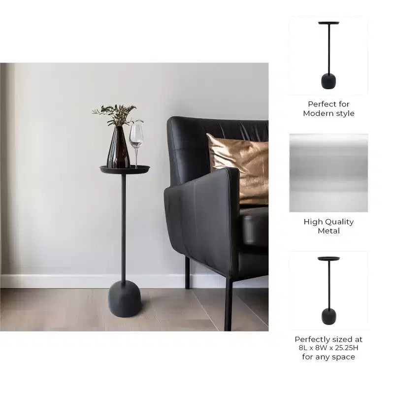 Tavolino finale in metallo elegante da 26" con vassoio superiore rotondo – Nero