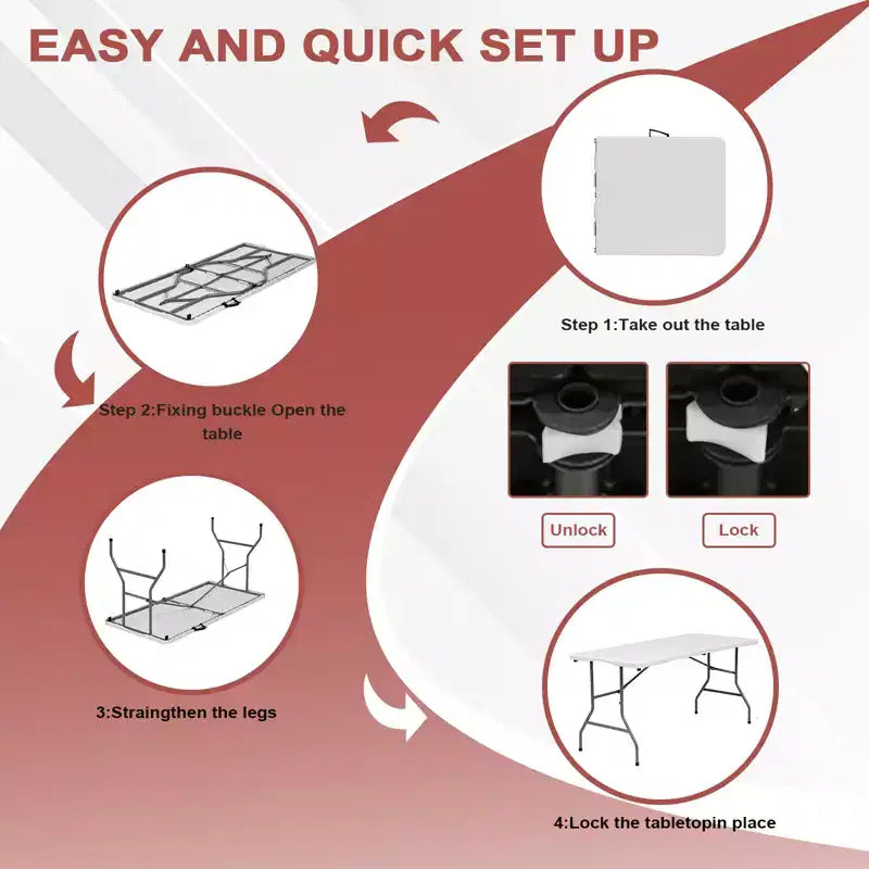 Tavolo Pieghevole Portatile da 1,5 metri – Piano in HDPE, Gambe in Acciaio, Interno ed Esterno