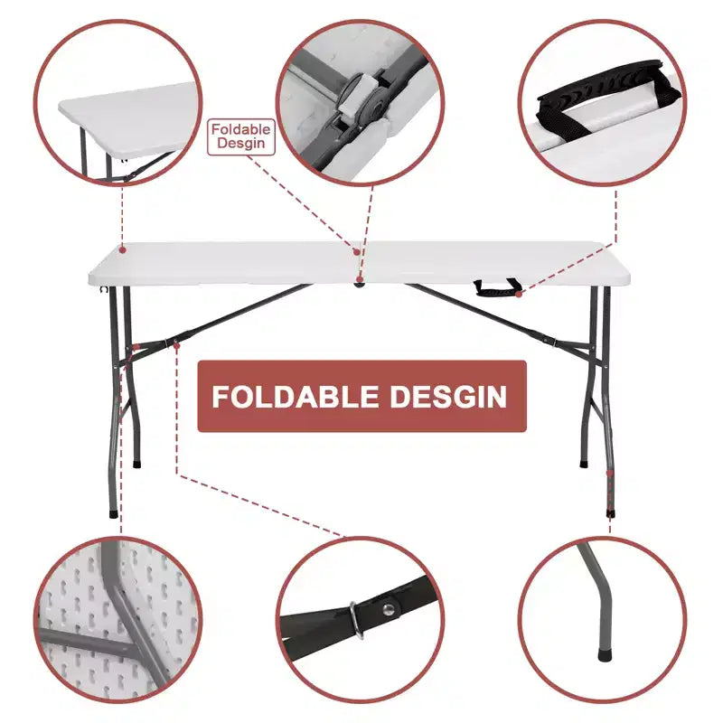 Tavolo Pieghevole Portatile da 1,5 metri – Piano in HDPE, Gambe in Acciaio, Interno ed Esterno