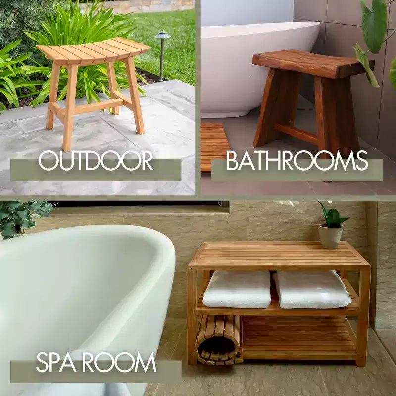 Panca da doccia e vasca da bagno spa in teak massiccio da 18" con ripiano inferiore