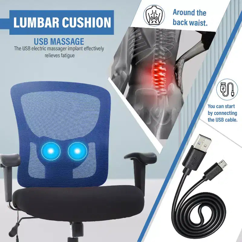 Sedia da ufficio a rete Big & Tall – 180 kg, supporto lombare e funzione massaggio