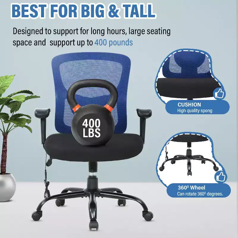 Sedia da ufficio a rete Big & Tall – 180 kg, supporto lombare e funzione massaggio