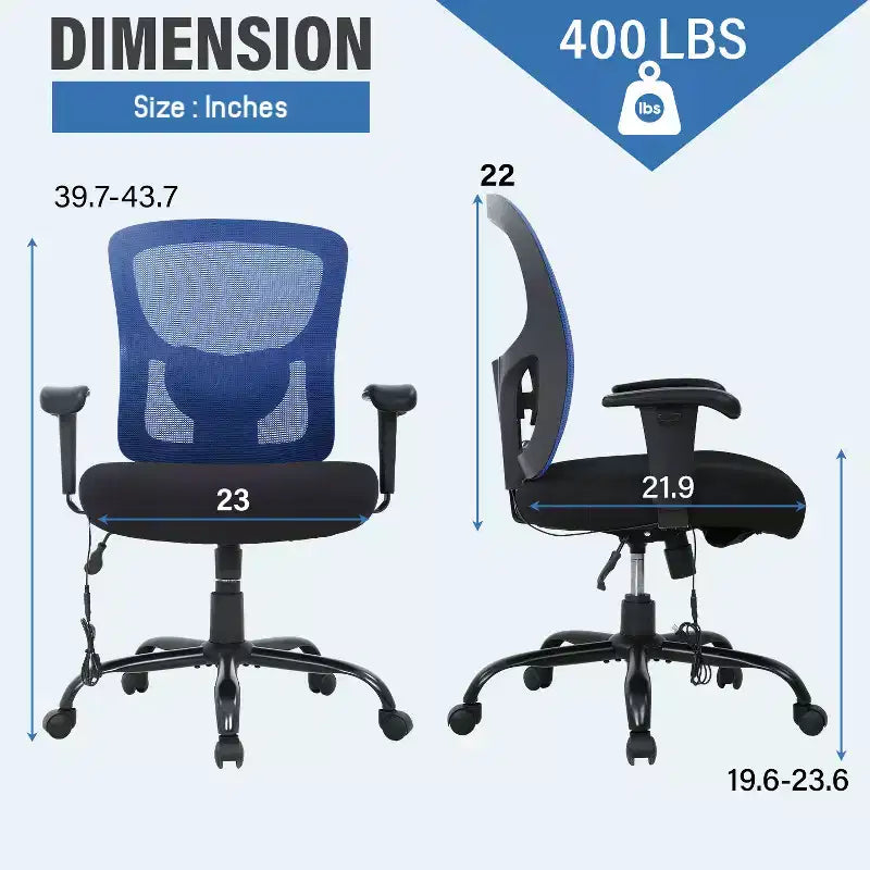 Sedia da ufficio a rete Big & Tall – 180 kg, supporto lombare e funzione massaggio