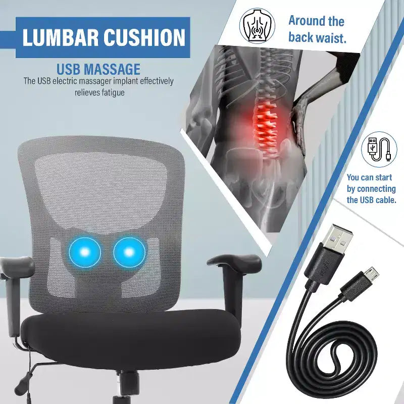 Sedia da ufficio a rete Big & Tall – 180 kg, supporto lombare e funzione massaggio