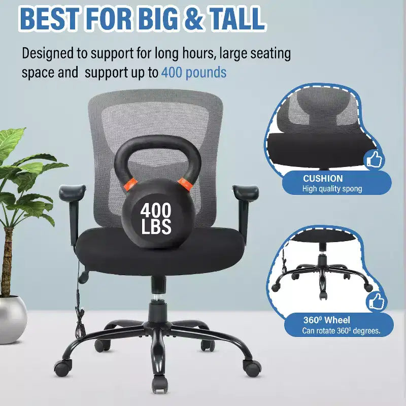 Sedia da ufficio a rete Big & Tall – 180 kg, supporto lombare e funzione massaggio