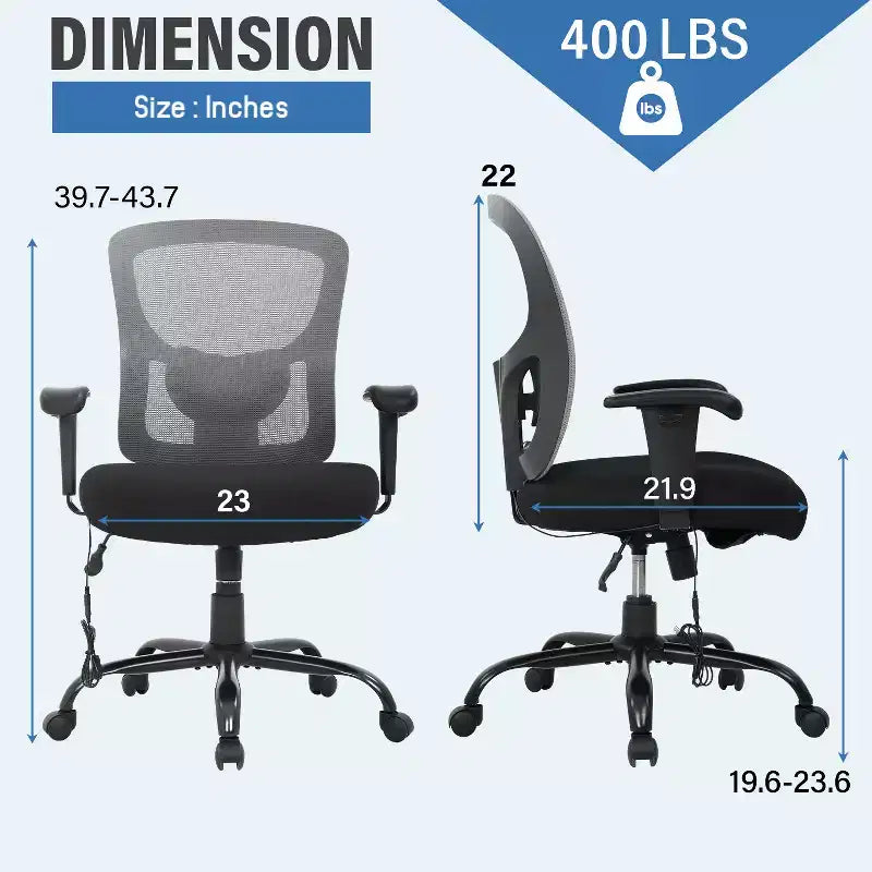 Sedia da ufficio a rete Big & Tall – 180 kg, supporto lombare e funzione massaggio