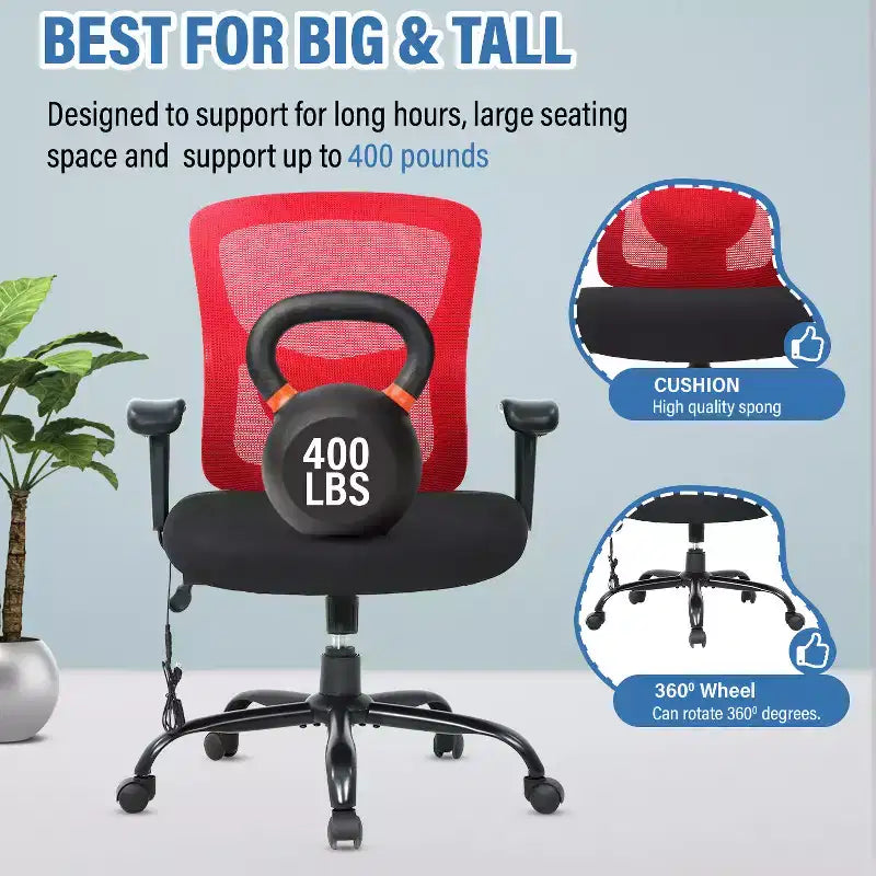 Sedia da ufficio a rete Big & Tall – 180 kg, supporto lombare e funzione massaggio