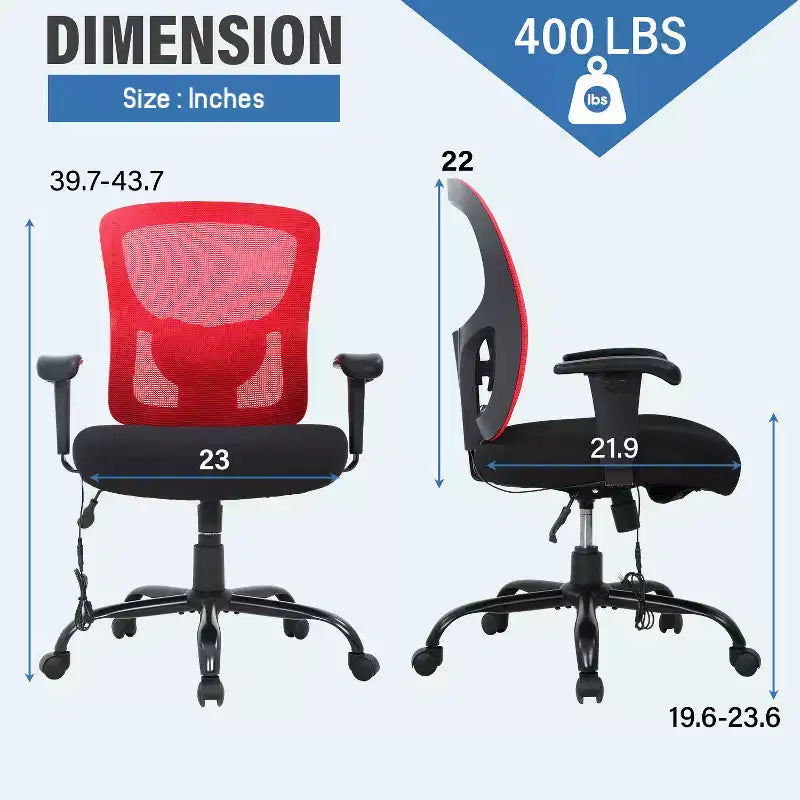 Sedia da ufficio a rete Big & Tall – 180 kg, supporto lombare e funzione massaggio