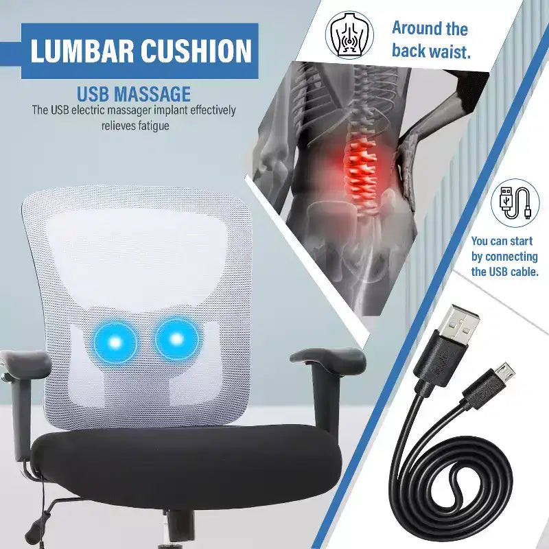Sedia da ufficio a rete Big & Tall – 180 kg, supporto lombare e funzione massaggio