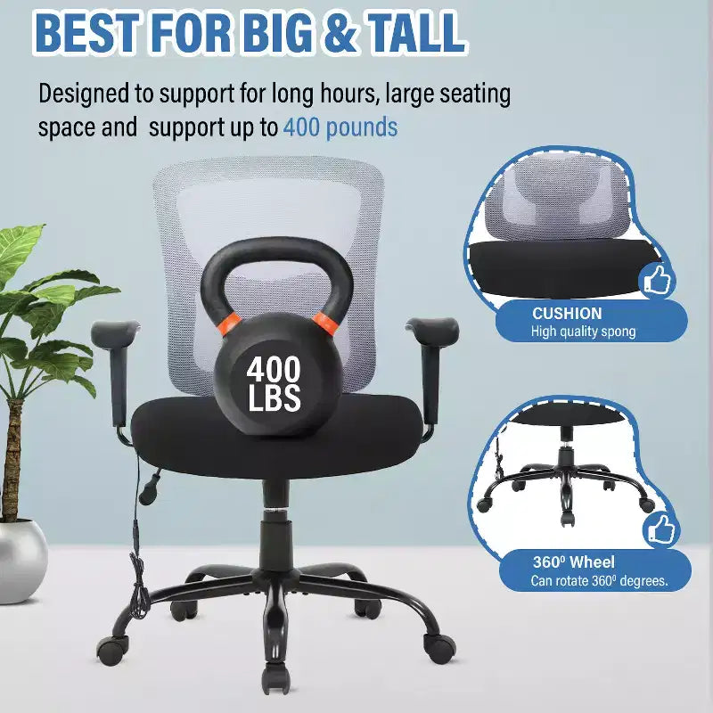 Sedia da ufficio a rete Big & Tall – 180 kg, supporto lombare e funzione massaggio