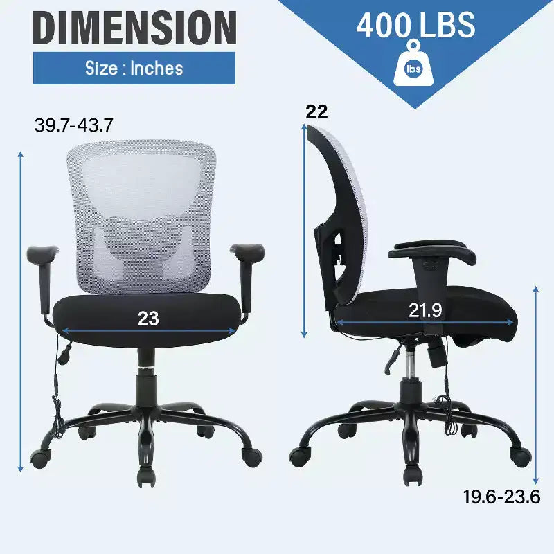 Sedia da ufficio a rete Big & Tall – 180 kg, supporto lombare e funzione massaggio