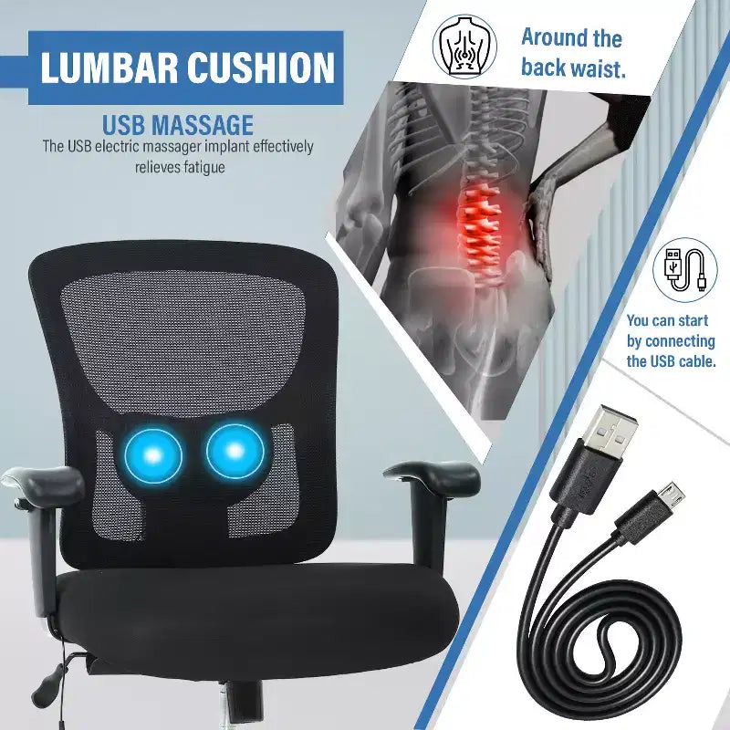 Sedia da ufficio a rete Big & Tall – 180 kg, supporto lombare e funzione massaggio