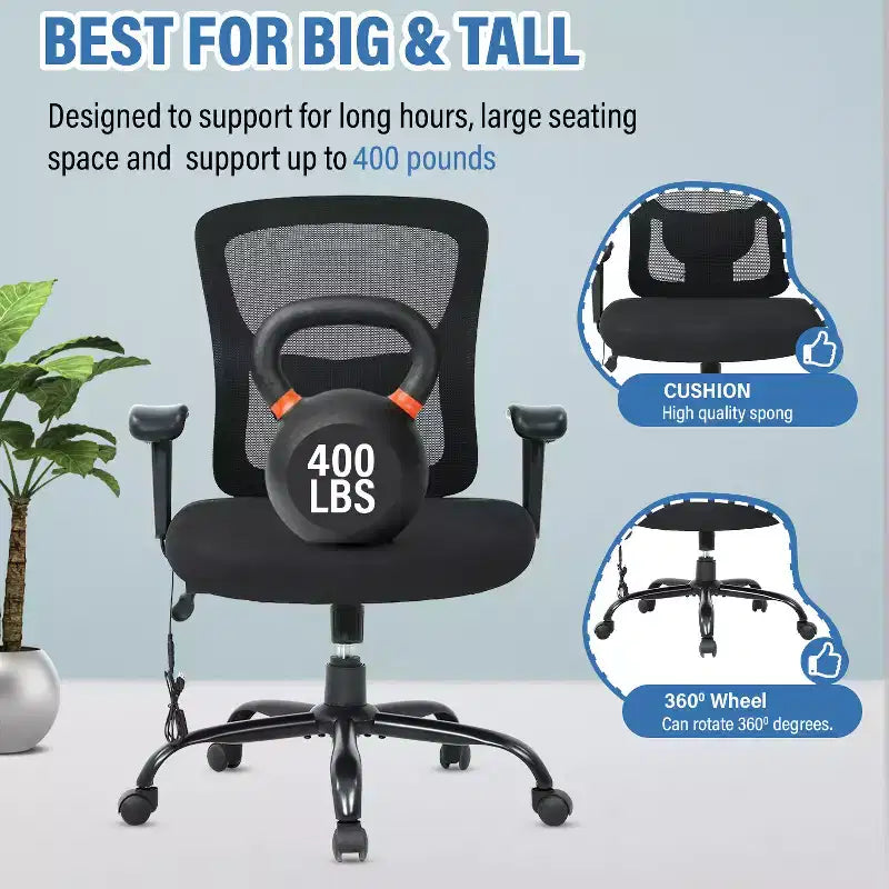 Sedia da ufficio a rete Big & Tall – 180 kg, supporto lombare e funzione massaggio