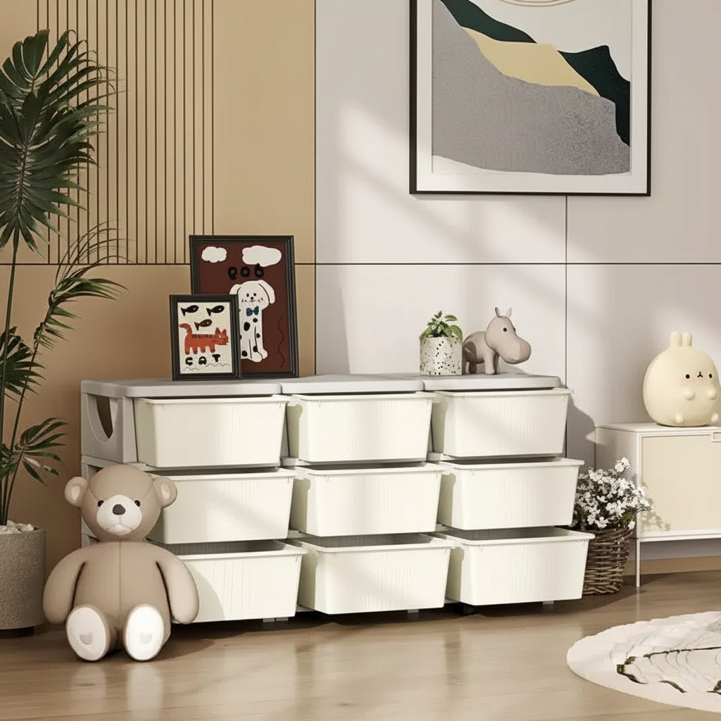 Organizzatore per giocattoli a 3 livelli per bambini con 9 cassetti rimovibili – Bianco crema