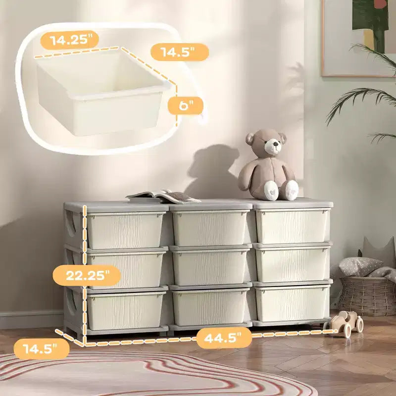 Organizzatore per giocattoli a 3 livelli per bambini con 9 cassetti rimovibili – Bianco crema