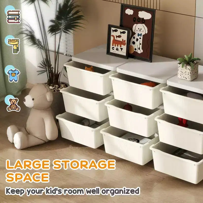 Organizzatore per giocattoli a 3 livelli per bambini con 9 cassetti rimovibili – Bianco crema