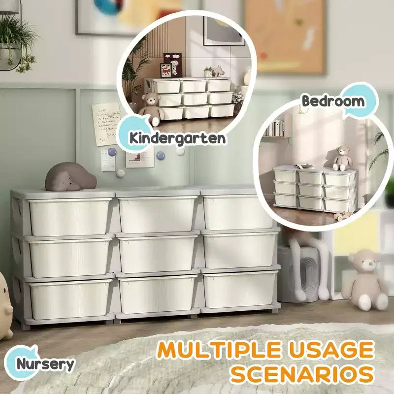 Organizzatore per giocattoli a 3 livelli per bambini con 9 cassetti rimovibili – Bianco crema
