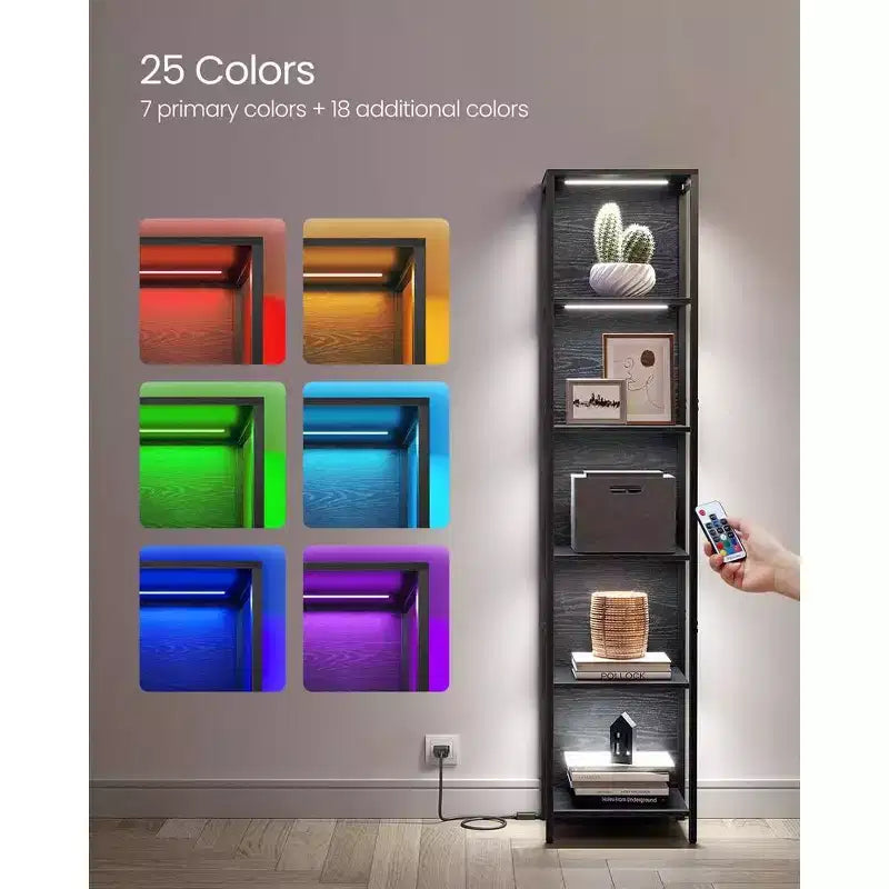 Libreria LED a 6 Ripiani, Scaffale Espositivo con Luci Dimmerabili, Libreria Illuminata a LED, 30,2 x 39,9 x 178,5 cm, Nero con Venature del Legno