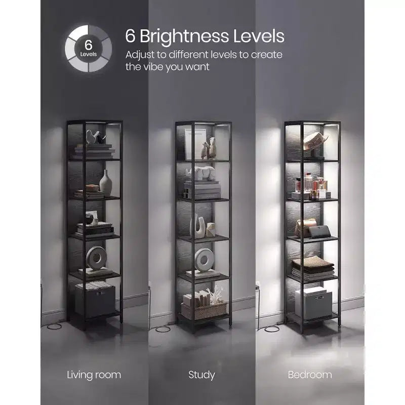 Libreria LED a 6 Ripiani, Scaffale Espositivo con Luci Dimmerabili, Libreria Illuminata a LED, 30,2 x 39,9 x 178,5 cm, Nero con Venature del Legno