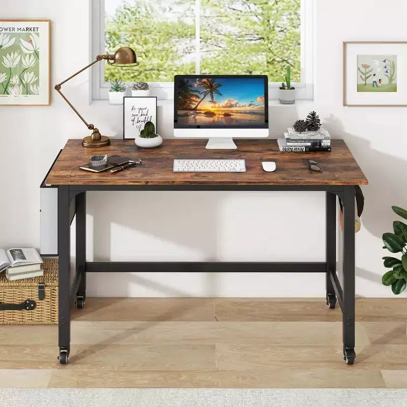 Costway 1/2/4 PZ Scrivania per computer con rotelle, Struttura in metallo, Tavolo per PC portatile con piano in legno, Postazione di lavoro per studio