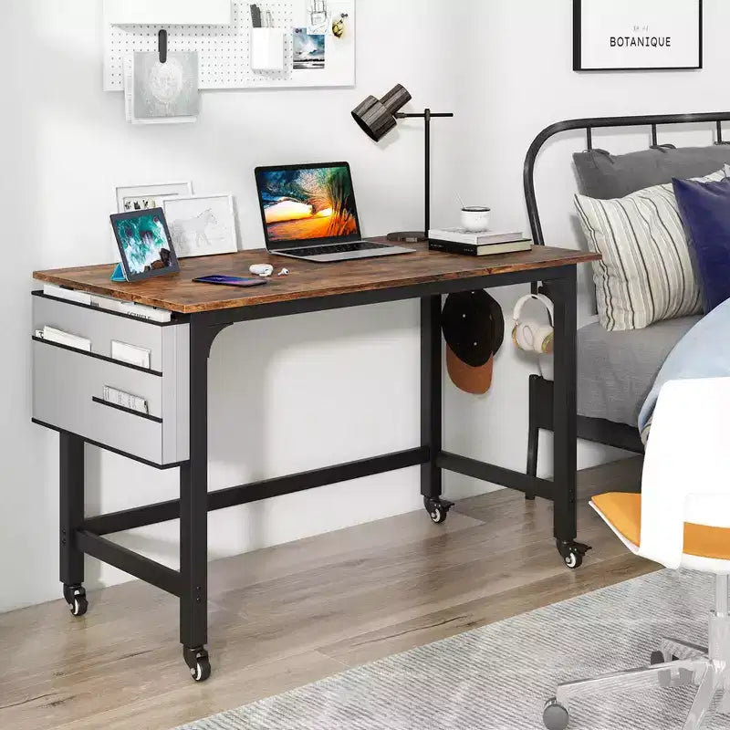 Costway 1/2/4 PZ Scrivania per computer con rotelle, Struttura in metallo, Tavolo per PC portatile con piano in legno, Postazione di lavoro per studio