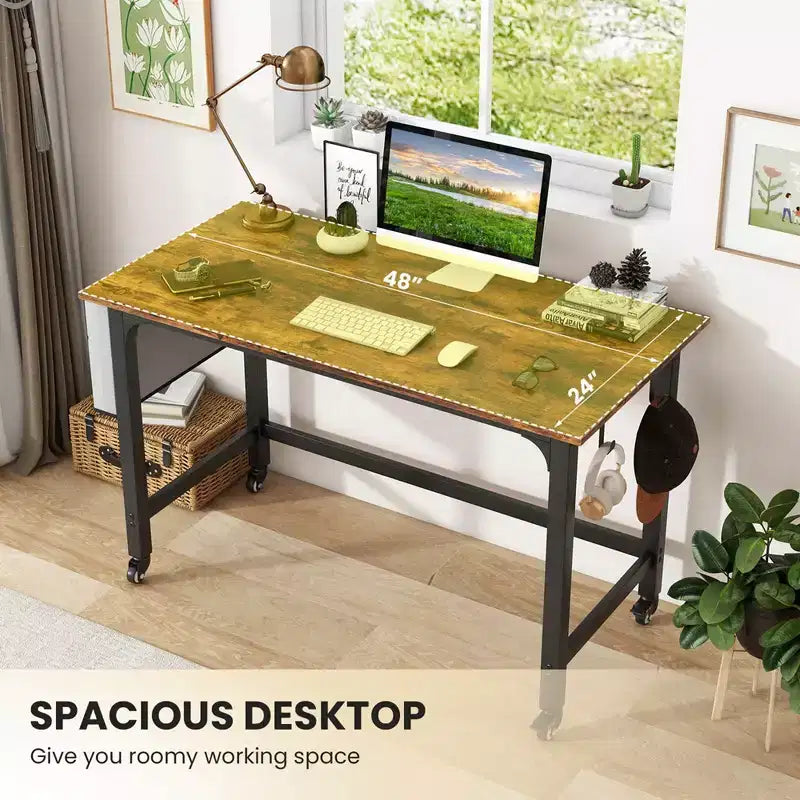 Costway 1/2/4 PZ Scrivania per computer con rotelle, Struttura in metallo, Tavolo per PC portatile con piano in legno, Postazione di lavoro per studio