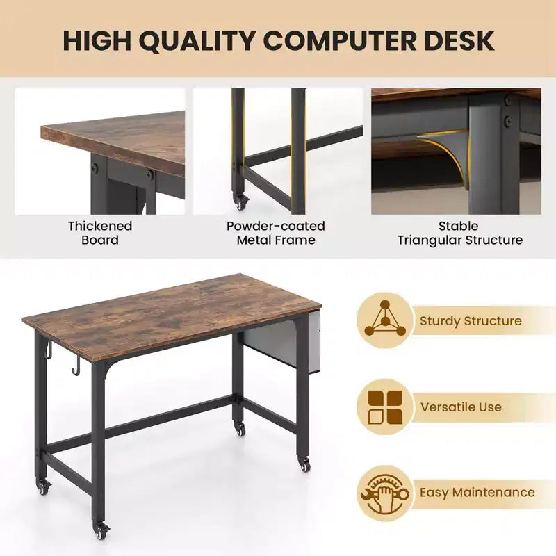 Costway 1/2/4 PZ Scrivania per computer con rotelle, Struttura in metallo, Tavolo per PC portatile con piano in legno, Postazione di lavoro per studio