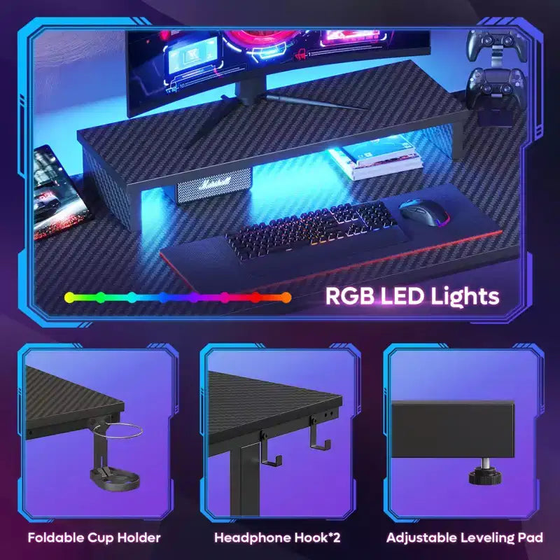 Scrivania da Gaming da 42" con Luci LED RGB, Supporto Monitor, Gancio per Cuffie e Portabicchieri
