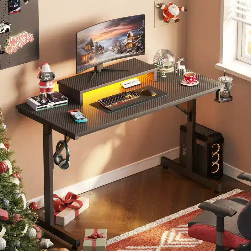 Scrivania da Gaming da 42" con Luci LED RGB, Supporto Monitor, Gancio per Cuffie e Portabicchieri