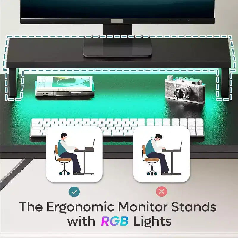 Scrivania da Gaming da 42" con Luci LED RGB, Supporto Monitor, Gancio per Cuffie e Portabicchieri