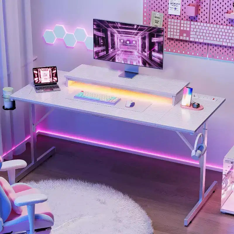 Scrivania da Gaming da 42" con Luci LED RGB, Supporto Monitor, Gancio per Cuffie e Portabicchieri