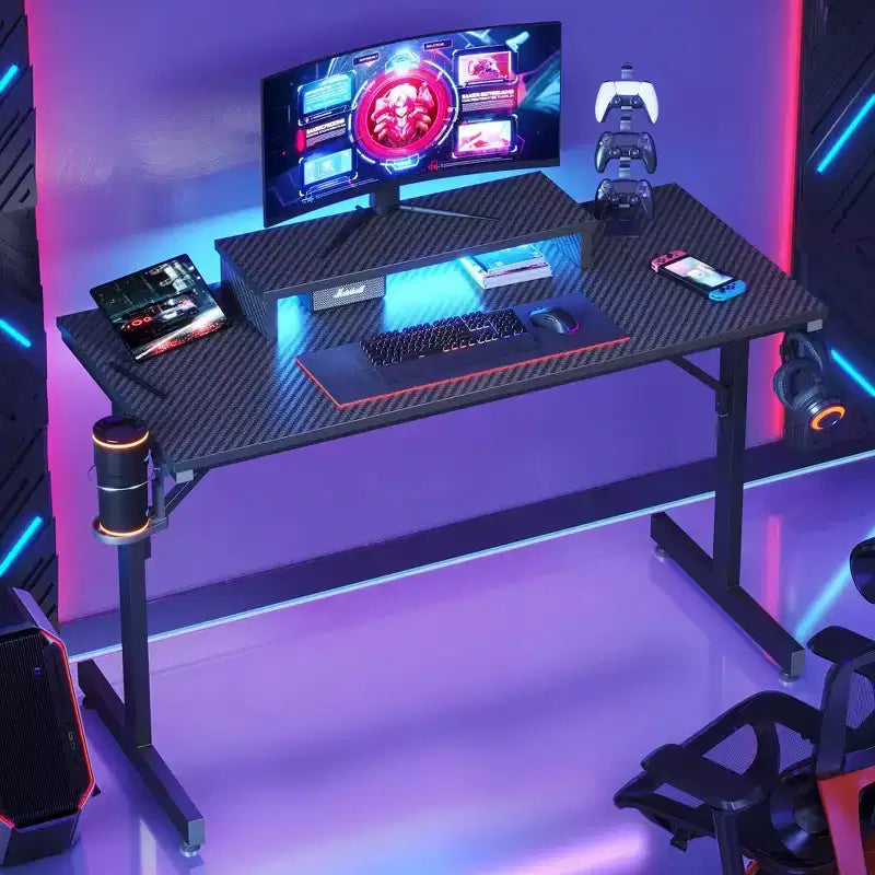 Scrivania da Gaming da 42" con Luci LED RGB, Supporto Monitor, Gancio per Cuffie e Portabicchieri