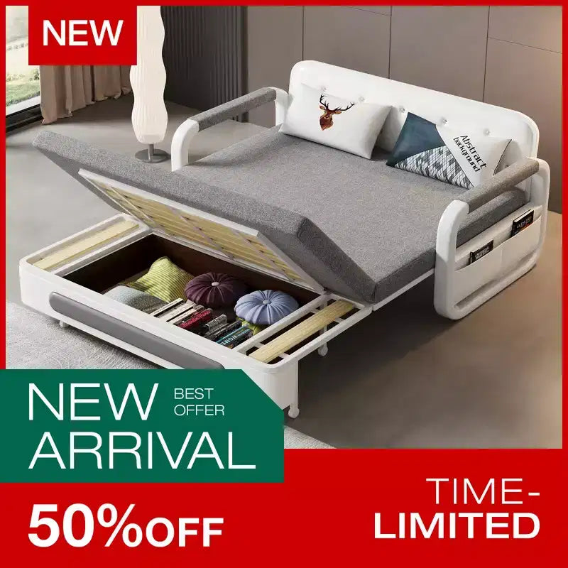 Divano letto convertibile da 60" – Letto estraibile, Base contenitore, Tasche laterali, Lino