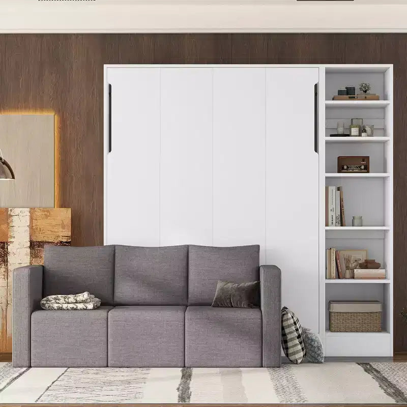 Letto a scomparsa matrimoniale/singolo con divano a 3/2 posti e mensole, bianco+grigio - ModernLuxe