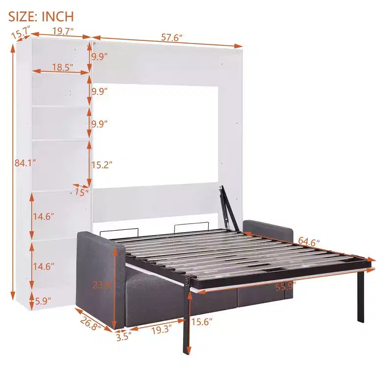 Letto a scomparsa matrimoniale/singolo con divano a 3/2 posti e mensole, bianco+grigio - ModernLuxe