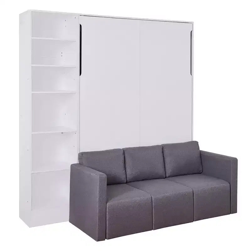 Letto a scomparsa matrimoniale/singolo con divano a 3/2 posti e mensole, bianco+grigio - ModernLuxe