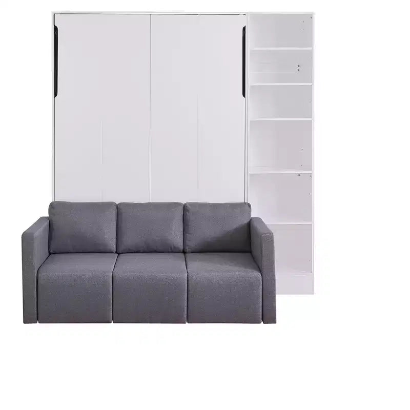 Letto a scomparsa matrimoniale/singolo con divano a 3/2 posti e mensole, bianco+grigio - ModernLuxe