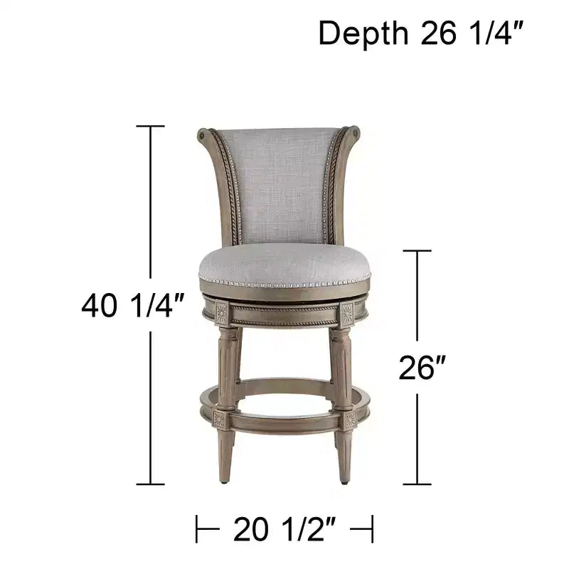 Sgabello da bancone tradizionale girevole da 26" – Rivestimento grigio cenere, finitura rovere, borchie decorative