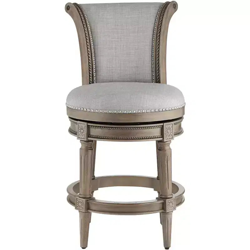 Sgabello da bancone tradizionale girevole da 26" – Rivestimento grigio cenere, finitura rovere, borchie decorative