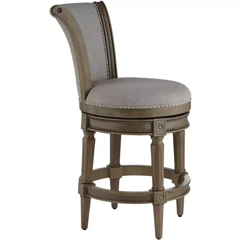Sgabello da bancone tradizionale girevole da 26" – Rivestimento grigio cenere, finitura rovere, borchie decorative