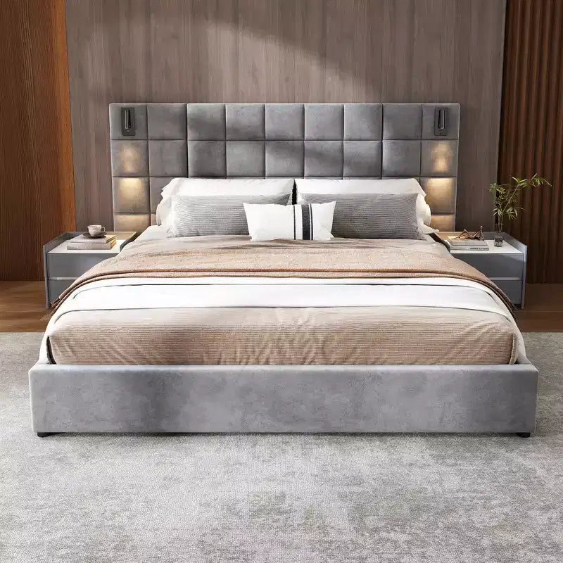Letto matrimoniale/king-size imbottito con piattaforma – Velluto, testiera ampia, lampada da lettura e porta USB
