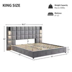 Letto matrimoniale/king-size imbottito con piattaforma – Velluto, testiera ampia, lampada da lettura e porta USB