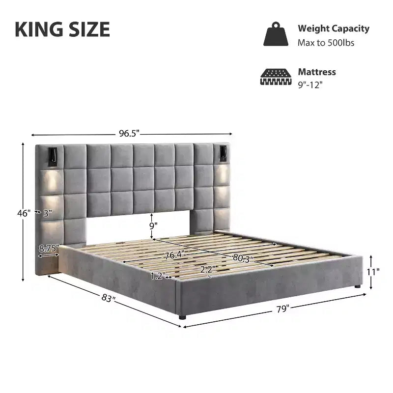 Letto matrimoniale/king-size imbottito con piattaforma – Velluto, testiera ampia, lampada da lettura e porta USB