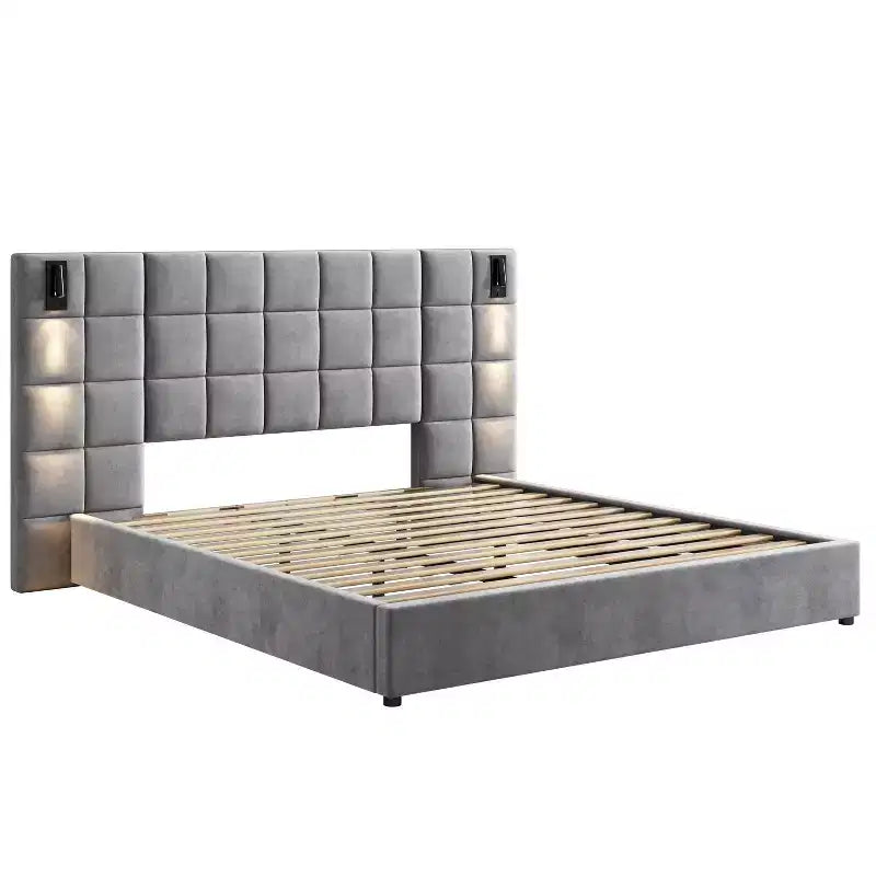 Letto matrimoniale/king-size imbottito con piattaforma – Velluto, testiera ampia, lampada da lettura e porta USB