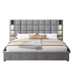 Letto matrimoniale/king-size imbottito con piattaforma – Velluto, testiera ampia, lampada da lettura e porta USB