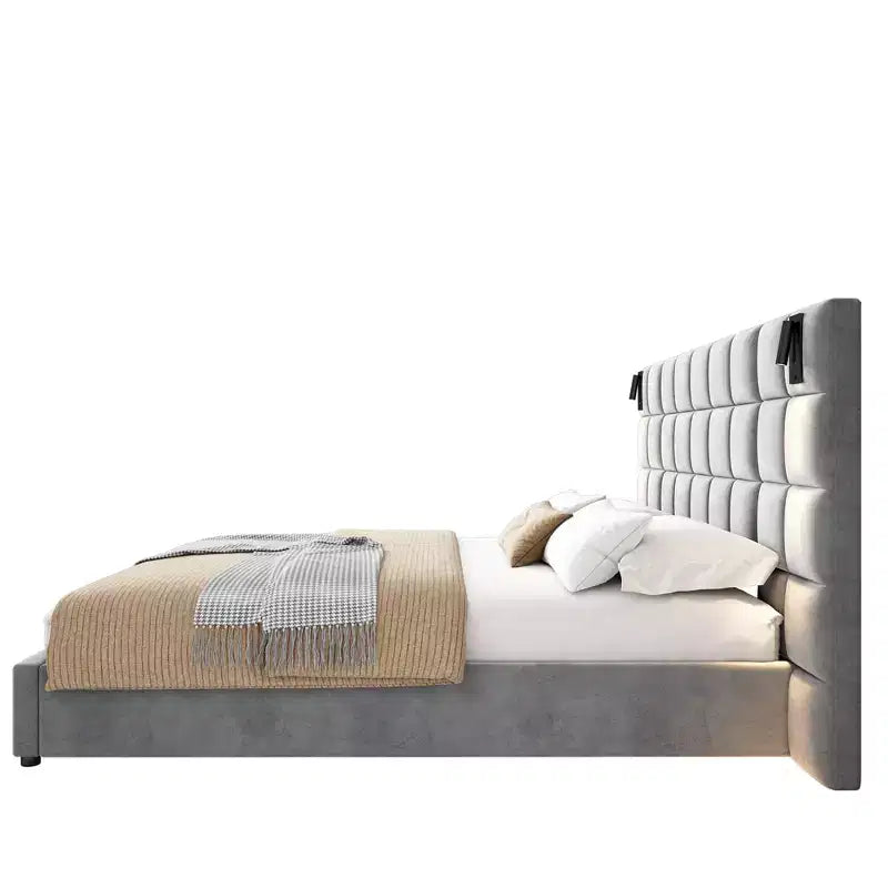 Letto matrimoniale/king-size imbottito con piattaforma – Velluto, testiera ampia, lampada da lettura e porta USB