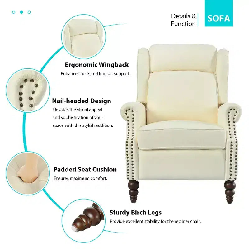 Poltrona reclinabile 30W con schienale a spinta e gambe in legno a forma di zucca - ModernLuxe