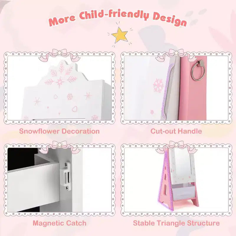 Set Toeletta da Principessa per Bambini – Tavolo da Trucco, Sgabello e Mobile Portagioie con Specchi